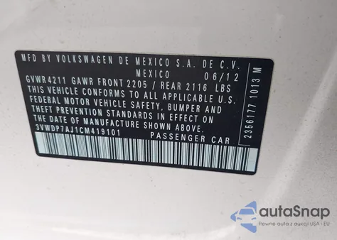 2012 Volkswagen Jetta 2.5L Se z USA, uszkodzony, nr VIN 3VWDP7AJ1CM419101